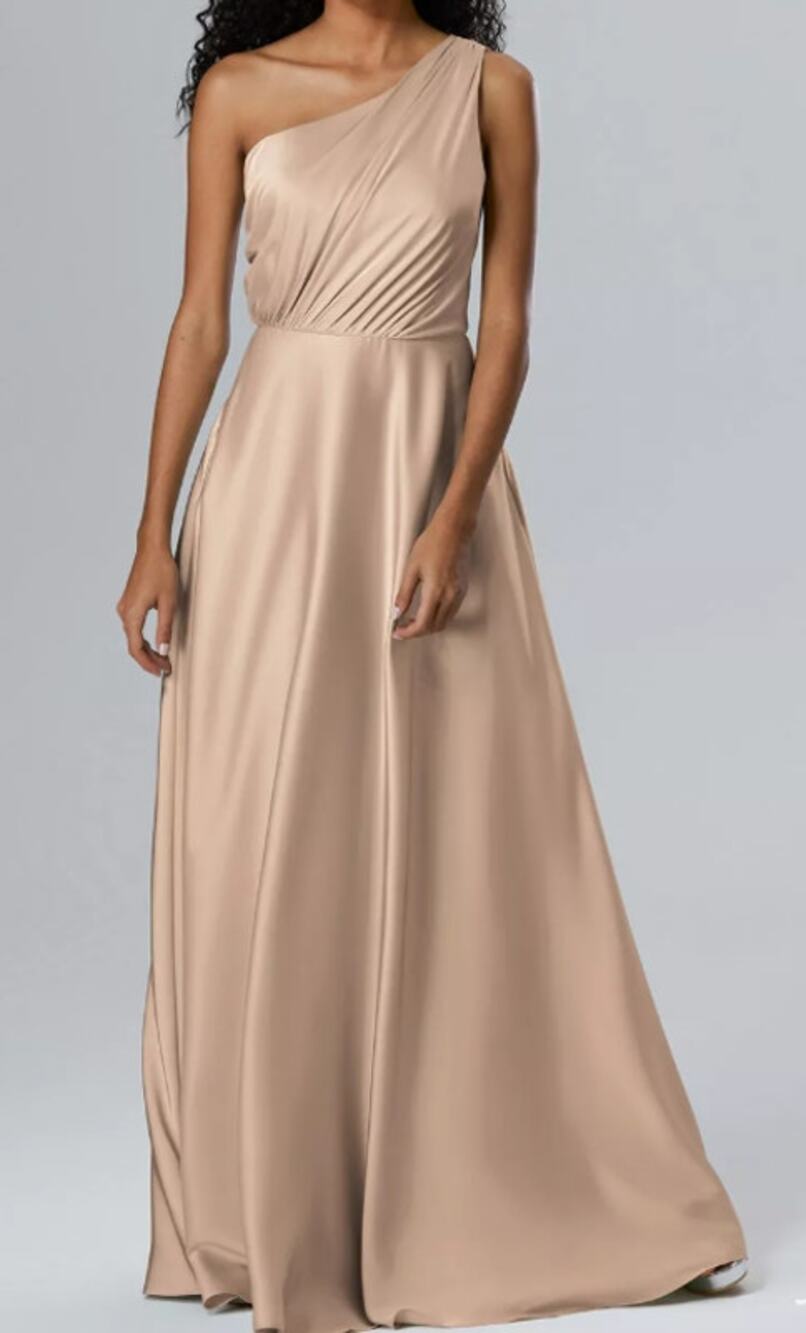 AW BRIDAL sz 24 taupe satin charmeuse Nosegay one shoulder  maxi dress NEW B54